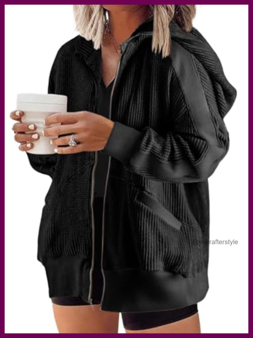 Plus Size Zip Up Hoodie Oversized Waffle Knit Sweatshirt